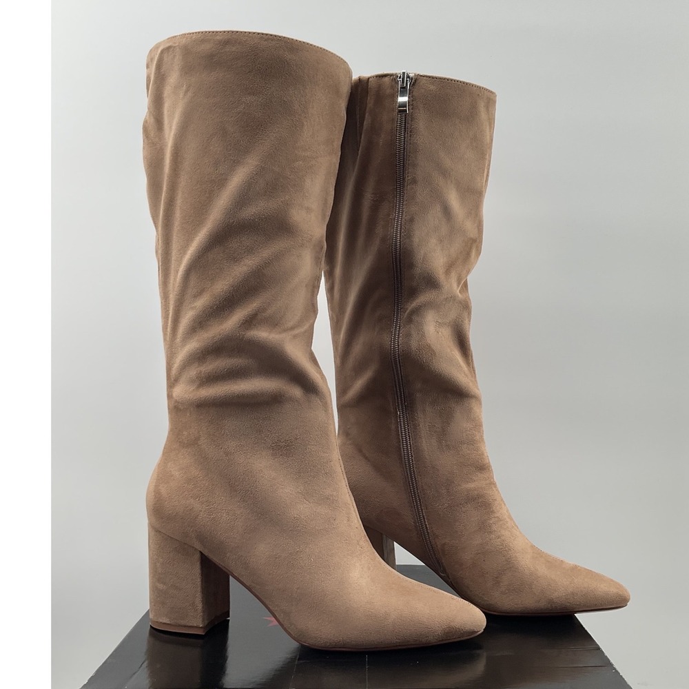 Journee collection Tan Faux Suede Slouchy Pointed Toe Block Heel Boots 9.5M